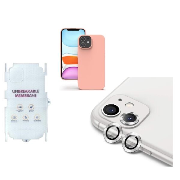 Silicone Bumper Case for iPhone 12 (Pink) | Camera Lens (Silver) | Matte Finish Back Membrane screen Guard (Pack Of 3) Combo
