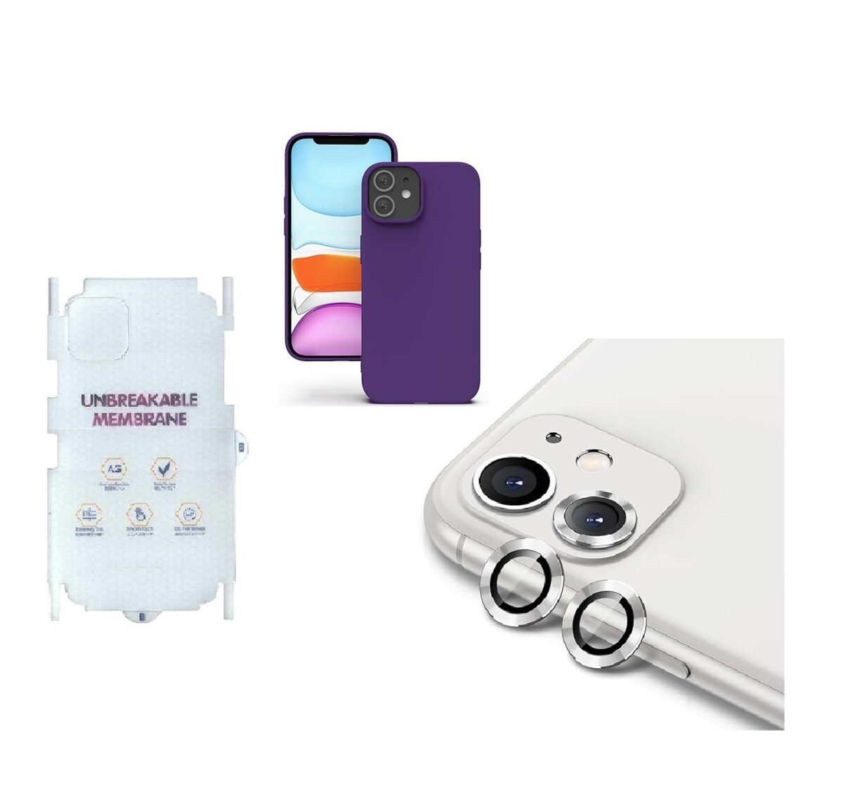 Silicone Bumper Case for iPhone 12 (Purple) | Camera Lens (Silver) | Matte Finish Back Membrane screen Guard (Pack Of 3) Combo