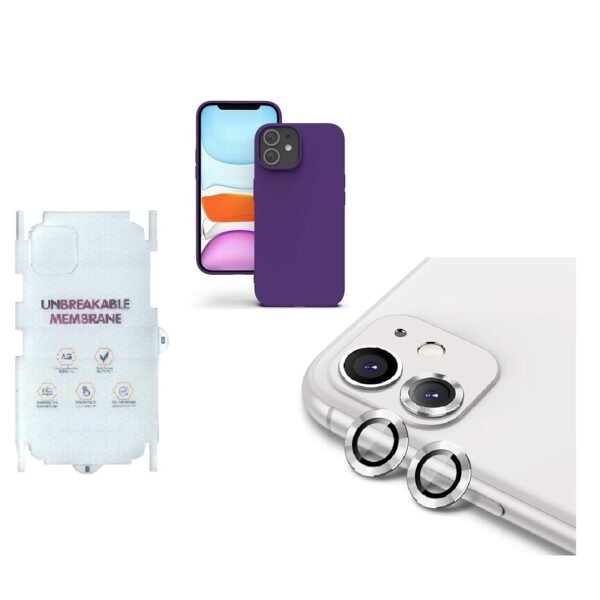 Silicone Bumper Case for iPhone 12 (Purple) | Camera Lens (Silver) | Matte Finish Back Membrane screen Guard (Pack Of 3) Combo