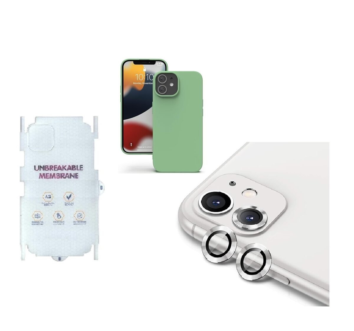 Silicone Bumper Case for iPhone 12 (Mint Green) | Camera Lens (Silver) | Matte Finish Back Membrane screen Guard (Pack Of 3) Combo
