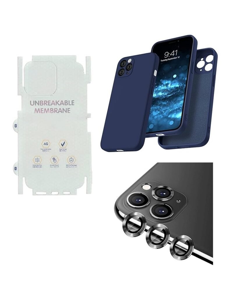 Silicone Bumper Case for iPhone 12 Pro (Blue) | Camera Lens (Black) | Matte Finish Back Membrane screen Guard (Pack Of 3) Combo
