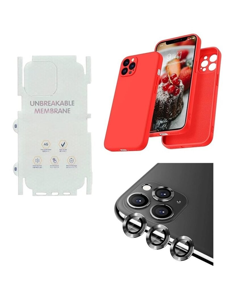 Silicone Bumper Case for iPhone 12 Pro (Red) | Camera Lens (Black) | Matte Finish Back Membrane screen Guard (Pack Of 3) Combo