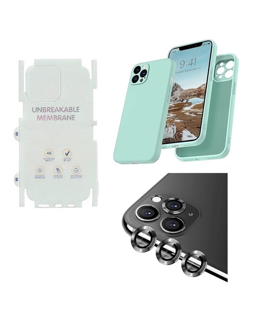 Silicone Bumper Case for iPhone 12 Pro (Mint Green) | Camera Lens (Black) | Matte Finish Back Membrane screen Guard (Pack Of 3) Combo
