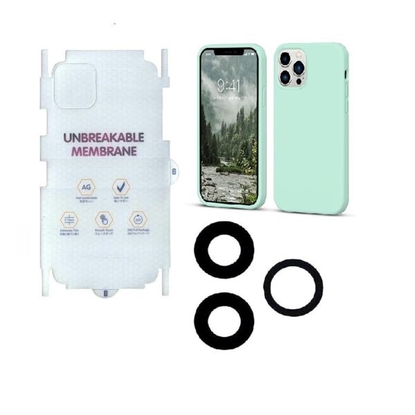 Silicone Bumper Case for iPhone 12 Pro Max (Mint Green) | Camera Lens (Black) | Matte Finish Back Membrane screen Guard (Pack Of 3) Combo