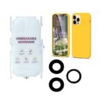 Silicone Bumper Case for iPhone 12 Pro Max (Yellow) | Camera Lens (Black) | Matte Finish Back Membrane screen Guard (Pack Of 3) Combo