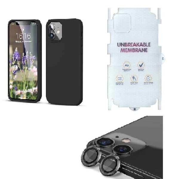 Silicone Bumper Case for iPhone 12 Mini (Black) | Camera Lens (Black) | Matte Finish Back Membrane screen Guard (Pack Of 3) Combo