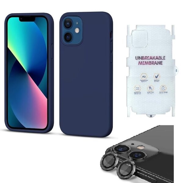 Silicone Bumper Case for iPhone 12 Mini (Blue) | Camera Lens (Black) | Matte Finish Back Membrane screen Guard (Pack Of 3) Combo