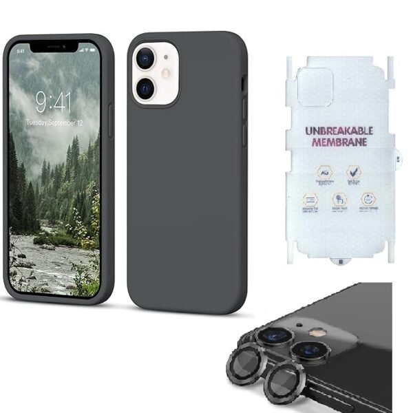 Silicone Bumper Case for iPhone 12 Mini (Grey) | Camera Lens (Black) | Matte Finish Back Membrane screen Guard (Pack Of 3) Combo