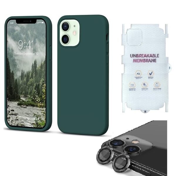 Silicone Bumper Case for iPhone 12 Mini (Green) | Camera Lens (Black) | Matte Finish Back Membrane screen Guard (Pack Of 3) Combo