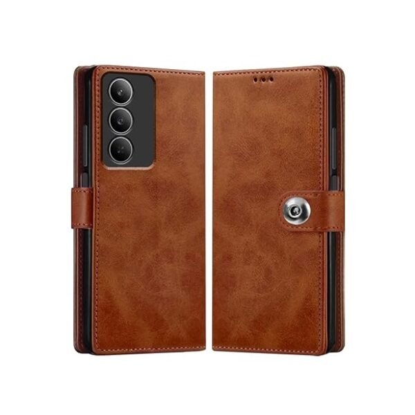 Realme P3x 5G / Realme 14X 5G | Genuine Leather Finish | Designer Button | Inbuilt Pockets & Stand (Brown)