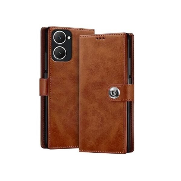 Vivo Y28s 5G | Genuine Leather Finish | Designer Button (Flip Brown)