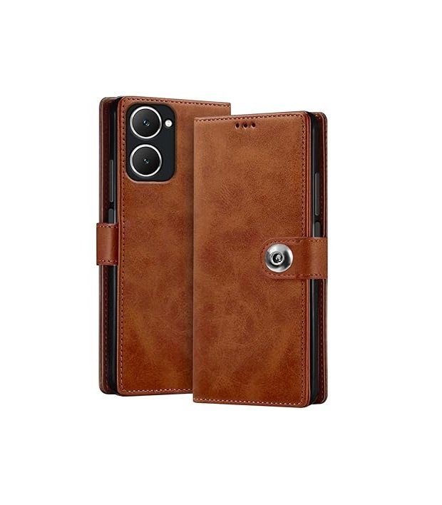 Vivo Y28s 5G | Genuine Leather Finish | Designer Button (Flip Brown)