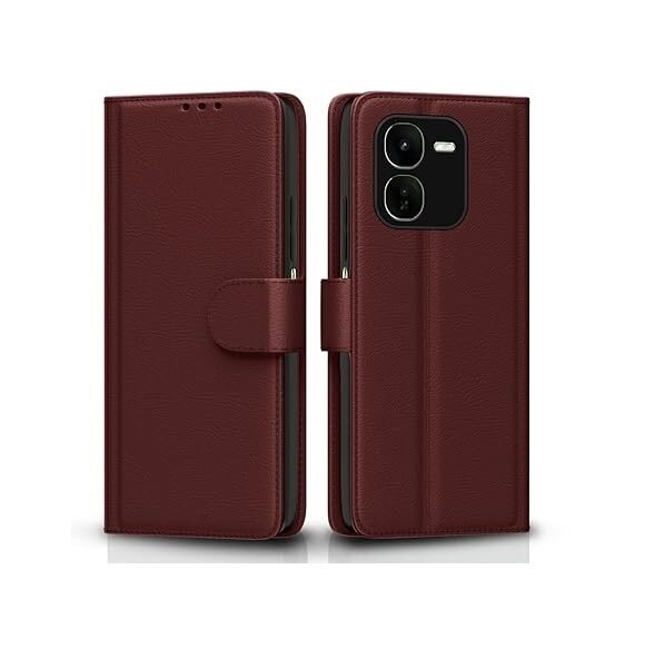 IQOO Z9x 5G Flip Cover Leather Finish | Inside TPU with Card Pockets | Wallet Stand (Flip Brown)