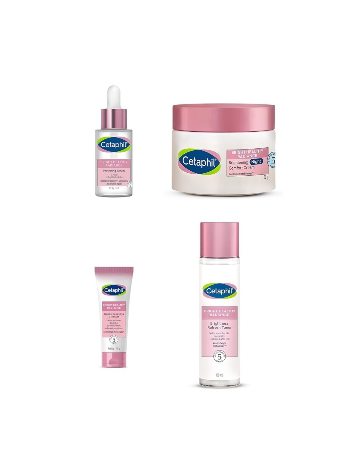 Cetaphil Bright Healthy Niacinamide Vitamin B3, Refresh Toner Cream 150 ml | Gentle Renewing Cleanser | 100G | Glow Serum, 30ml | Brightening Night Comfort Cream - 50 g (Pack Of 4)