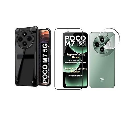 3 in 1 Combo Pack for Poco M7 5G – Silicone Blue (Back Cover + Camera Lens Protector + Tempered Glass)