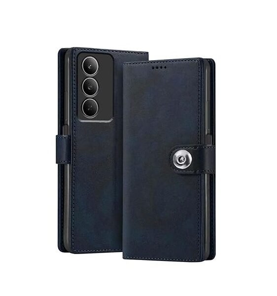 Realme P3x 5G / Realme 14X 5G | Genuine Leather Finish | Designer Button | Inbuilt Pockets & Stand (Silicone Blue)