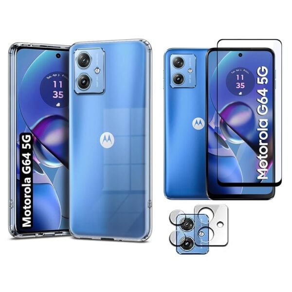 3 in 1 Combo Pack for Motorola Moto G64 5G – Silicone Transparent Cover (Back Cover + Camera Lens Protector + Tempered Glass)