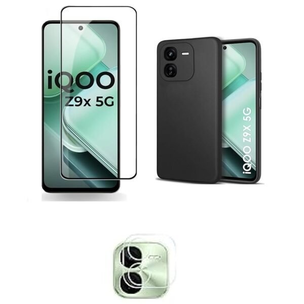 3 in 1 Combo Pack for iQOO Z9X 5G – Silicone Black (Back Cover + Camera Lens Protector + Tempered Glass)