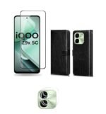 3 in 1 Combo Pack for iQOO Z9X 5G – Flip Black (Back Cover + Camera Lens Protector + Tempered Glass)