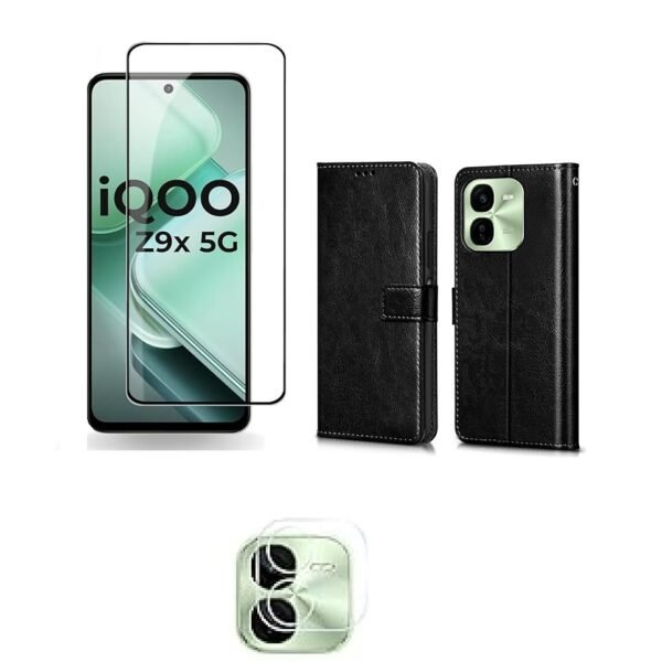 3 in 1 Combo Pack for iQOO Z9X 5G – Flip Black (Back Cover + Camera Lens Protector + Tempered Glass)