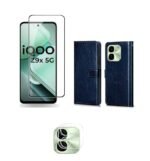 3 in 1 Combo Pack for iQOO Z9X 5G – Flip Blue (Back Cover + Camera Lens Protector + Tempered Glass)