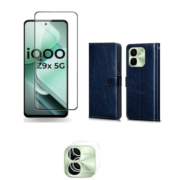 3 in 1 Combo Pack for iQOO Z9X 5G – Flip Blue (Back Cover + Camera Lens Protector + Tempered Glass)
