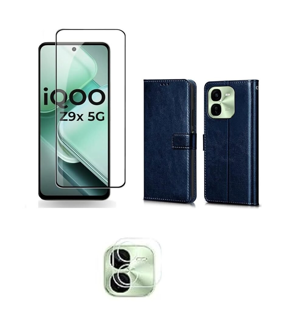 3 in 1 Combo Pack for iQOO Z9X 5G – Flip Blue (Back Cover + Camera Lens Protector + Tempered Glass)