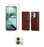 3 in 1 Combo Pack for iQOO Z9X 5G – Flip Brown (Back Cover + Camera Lens Protector + Tempered Glass)