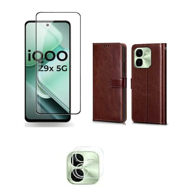 3 in 1 Combo Pack for iQOO Z9X 5G – Flip Brown (Back Cover + Camera Lens Protector + Tempered Glass)