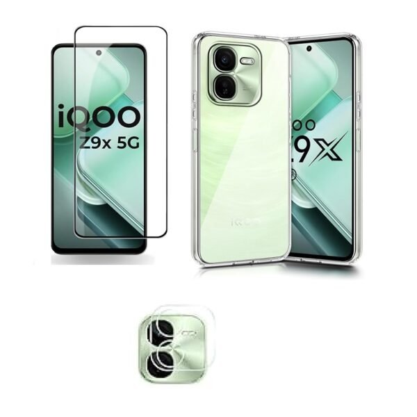 3 in 1 Combo Pack for iQOO Z9X 5G – Transparent Case (Back Cover + Camera Lens Protector + Tempered Glass)