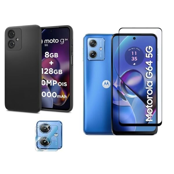 3 in 1 Combo Pack for Motorola Moto G54 5G / G64 5G – Silicone Black (Back Cover + Camera Lens Protector + Tempered Glass)