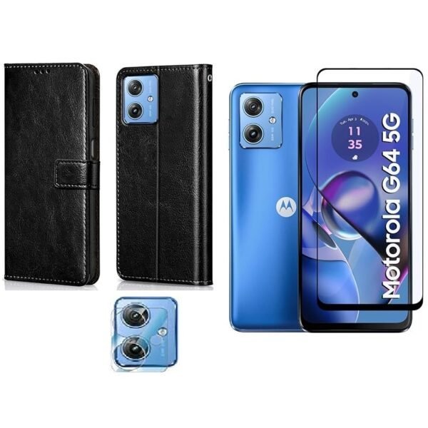 3 in 1 Combo Pack for Motorola Moto G54 5G, Motorola Moto G64 5G – Flip Black (Back Cover + Camera Lens Protector + Tempered Glass)