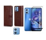 3 in 1 Combo Pack for Motorola Moto G54 5G, Motorola Moto G64 5G – Flip Brown (Back Cover + Camera Lens Protector + Tempered Glass)