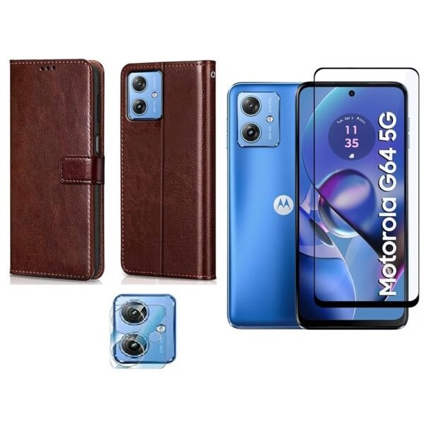 3 in 1 Combo Pack for Motorola Moto G54 5G, Motorola Moto G64 5G – Flip Brown (Back Cover + Camera Lens Protector + Tempered Glass)