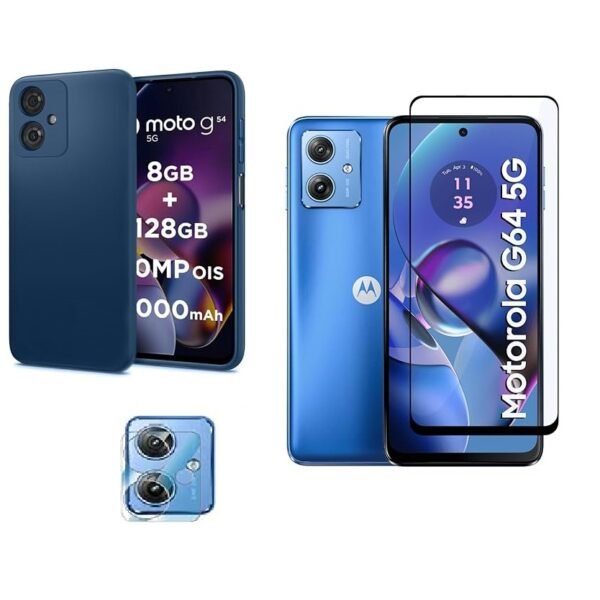 3 in 1 Combo Pack for Motorola Moto G54 5G / G64 5G – Silicone Blue (Back Cover + Camera Lens Protector + Tempered Glass)