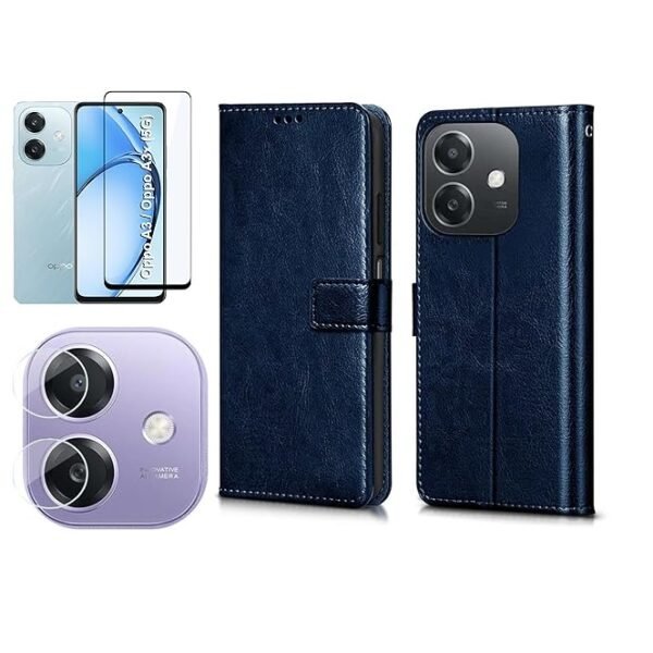 3 in 1 Combo Pack for Oppo A3x / A3 (5G) – Flip Blue (Back Cover + Camera Lens Protector + Tempered Glass)
