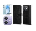 3 in 1 Combo Pack for Oppo A3x / A3 (5G) – Flip Black (Back Cover + Camera Lens Protector + Tempered Glass)