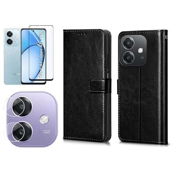 3 in 1 Combo Pack for Oppo A3x / A3 (5G) – Flip Black (Back Cover + Camera Lens Protector + Tempered Glass)