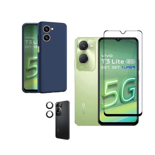 3 in 1 Combo Pack for Vivo T3 Lite/IQOO Z9 Lite (5G) – Silicone Blue (Back Cover + Camera Lens Protector + Tempered Glass)