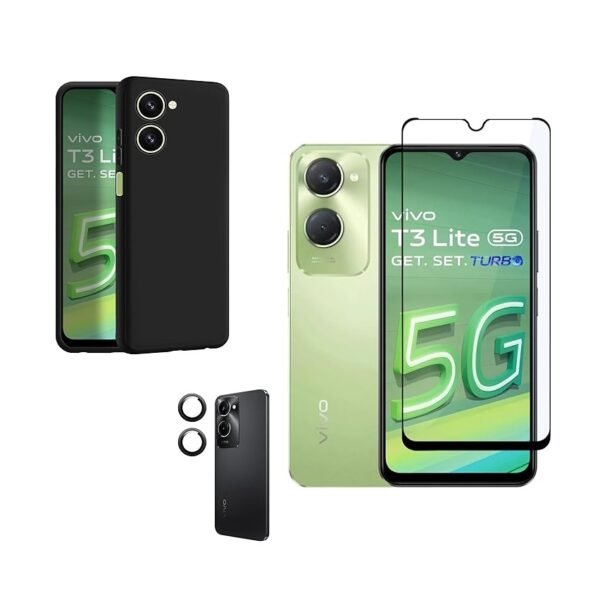 3 in 1 Combo Pack for Vivo T3 Lite/IQOO Z9 Lite (5G) – Silicone Black (Back Cover + Camera Lens Protector + Tempered Glass)