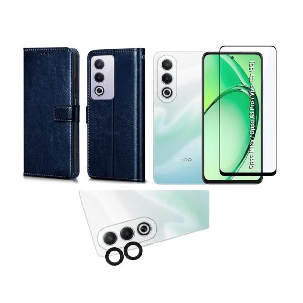 3 in 1 Combo Pack for Oppo A3 Pro 5G, Oppo K12x 5G – Flip Blue (Back Cover + Camera Lens Protector + Tempered Glass)
