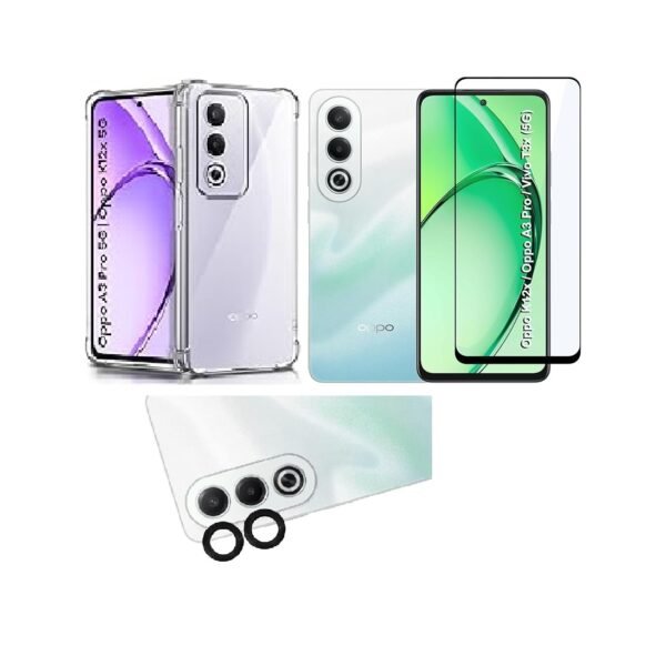 3 in 1 Combo Pack for Oppo A3 Pro 5G, Oppo K12x 5G – Transparent Cover (Back Cover + Camera Lens Protector + Tempered Glass)
