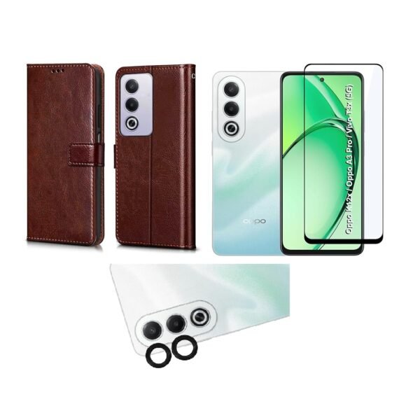 3 in 1 Combo Pack for Oppo A3 Pro 5G, Oppo K12x 5G – Flip Brown (Back Cover + Camera Lens Protector + Tempered Glass)