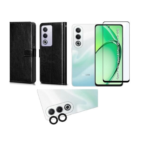 3 in 1 Combo Pack for Oppo A3 Pro 5G, Oppo K12x 5G – Flip Black (Back Cover + Camera Lens Protector + Tempered Glass)