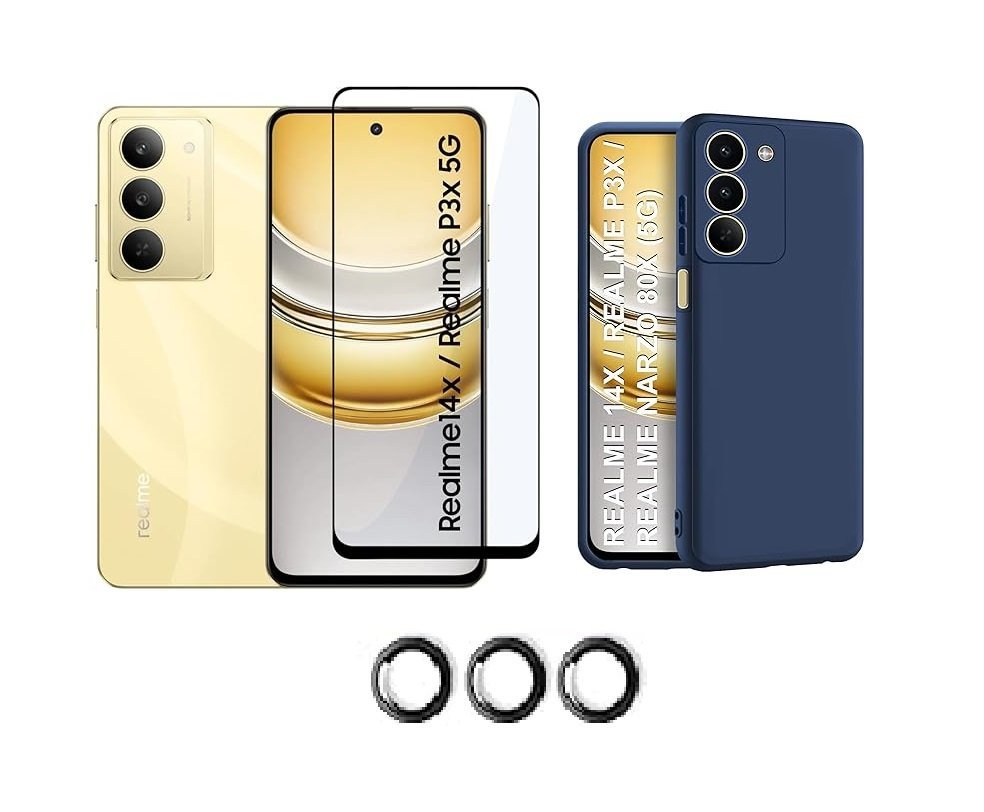 3 in 1 Combo Pack for Realme P3x 5G / Realme 14x 5G – Silicone Blue Cover (Back Cover + Camera Lens Protector + Tempered Glass) 3 in 1 Combo Pack for Realme P3x 5G / Realme 14x 5G – Silicone Blue Cover (Back Cover + Camera Lens Protector + Tempered Glass)