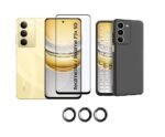 3 in 1 Combo Pack for Realme P3x 5G / Realme 14x 5G – Silicone Black Cover (Back Cover + Camera Lens Protector + Tempered Glass)