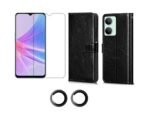 3 in 1 Combo Pack for Vivo Y28s 5G – Flip Black (Back Cover + Camera Lens Protector + Tempered Glass)