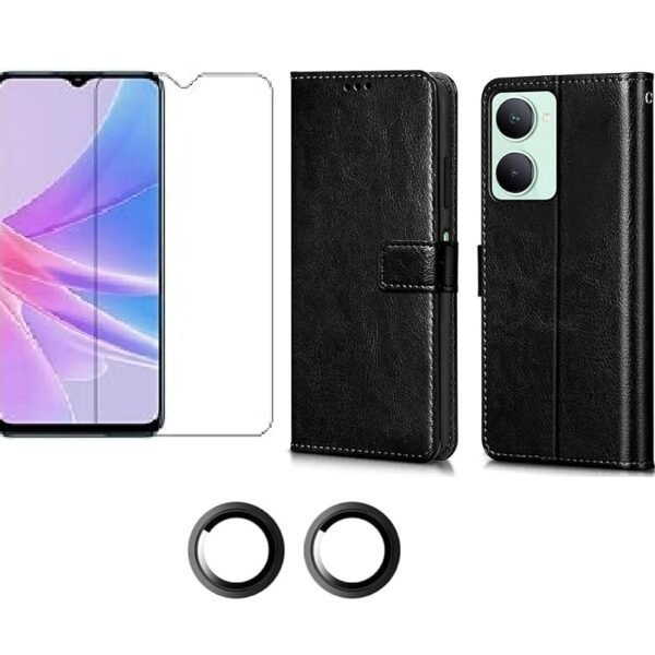 3 in 1 Combo Pack for Vivo Y28s 5G – Flip Black (Back Cover + Camera Lens Protector + Tempered Glass)