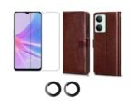 3 in 1 Combo Pack for Vivo Y28s 5G – Flip Brown (Back Cover + Camera Lens Protector + Tempered Glass)