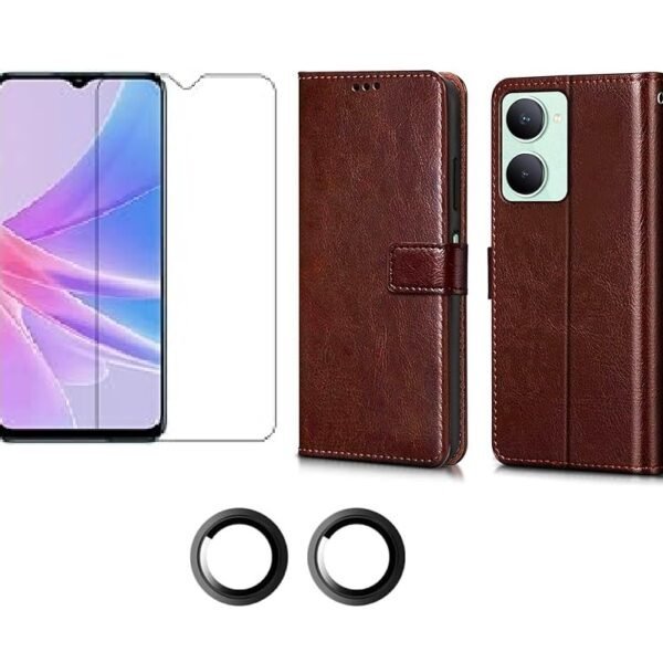 3 in 1 Combo Pack for Vivo Y28s 5G – Flip Brown (Back Cover + Camera Lens Protector + Tempered Glass)